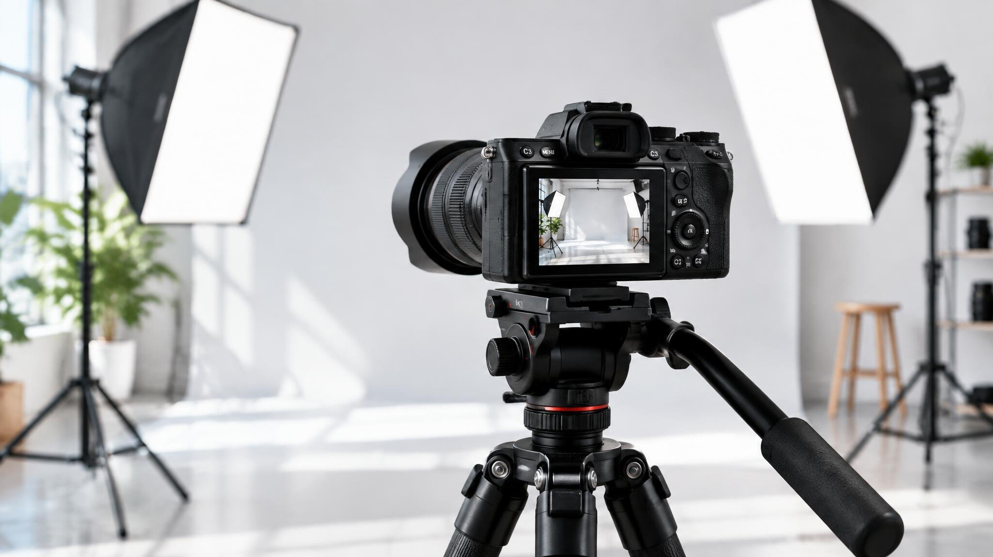 Camera on a tripod in a studio with lighting