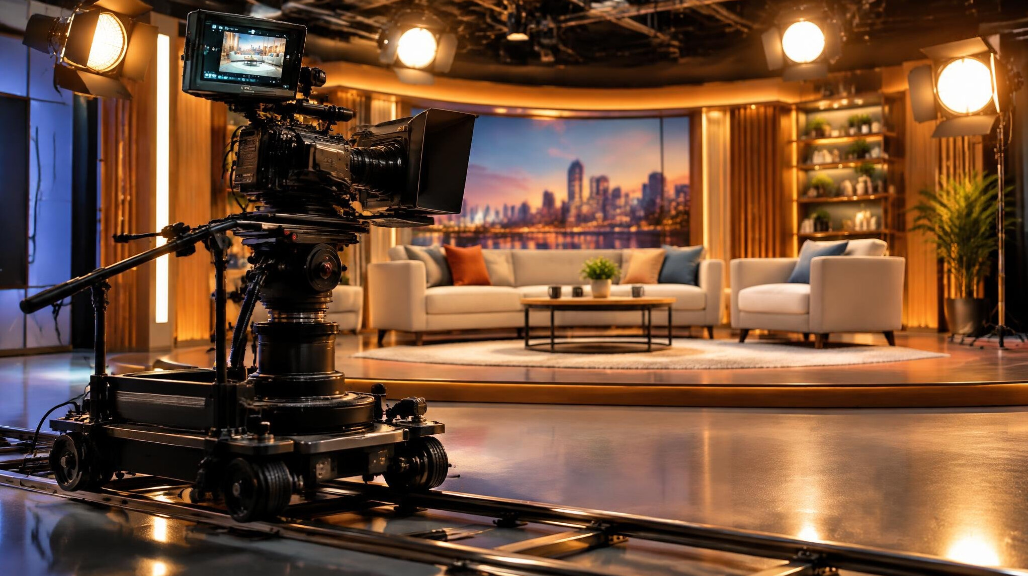 Film camera on a professional studio set with lights